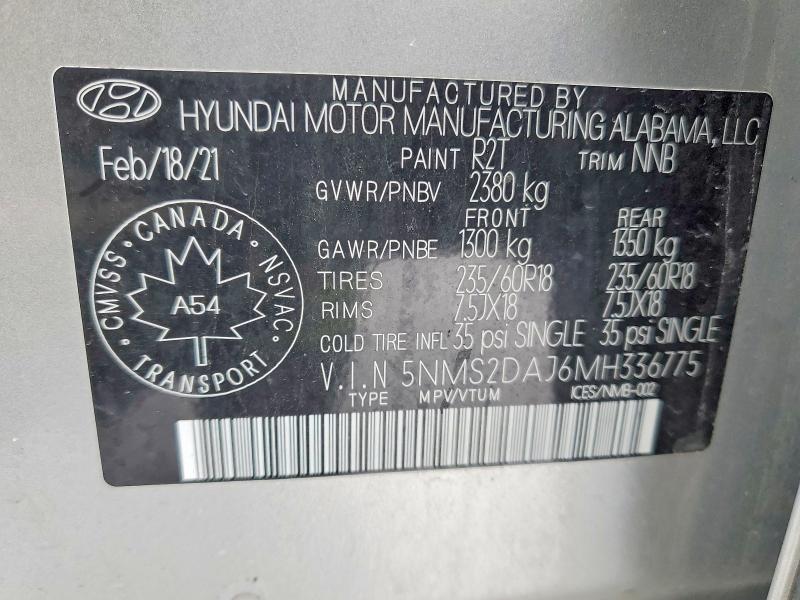 75104485 :رقم المزاد ، 5NMS2DAJ6MH336775 vin ، 2021 Hyundai Santa Fe مزاد بيع