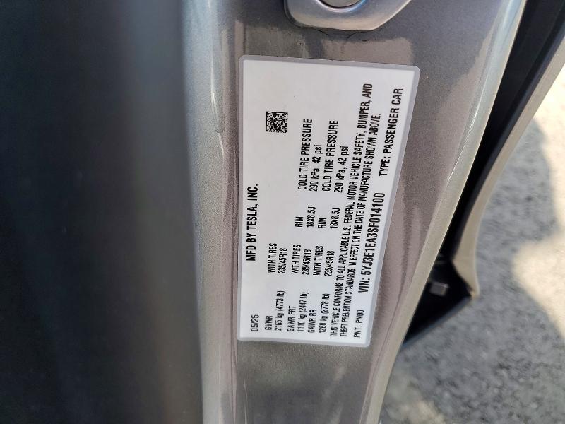 Aukcja sprzedaży 2025 Tesla Model 3, vin: 5YJ3E1EA3SF014100, numer aukcji: 73910155