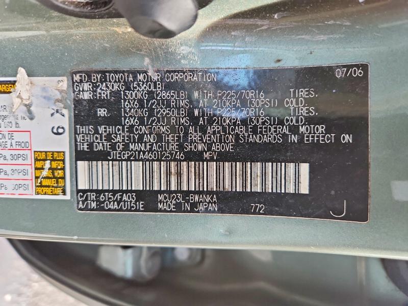 Aukcja sprzedaży 2006 Toyota Highlander, vin: JTEGP21A460125746, numer aukcji: 78749735