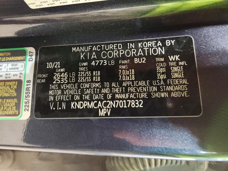 2022 Kia Sportage L მანქანა იყიდება აუქციონზე, vin: KNDPMCAC2N7017832, აუქციონის ნომერი: 75769325