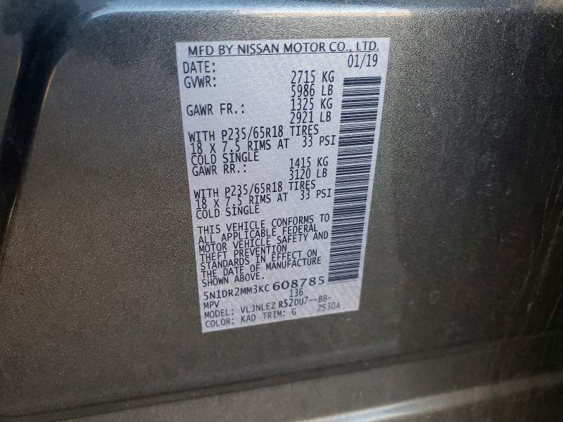 76019775 :رقم المزاد ، 5N1DR2MM3KC608785 vin ، 2019 Nissan Pathfinder مزاد بيع