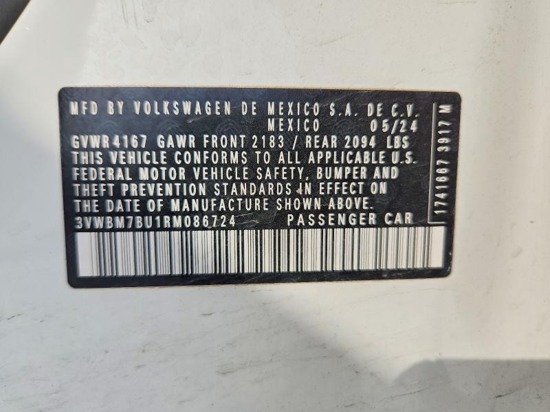 2024 Volkswagen Jetta მანქანა იყიდება აუქციონზე, vin: 3VWBM7BU1RM086724, აუქციონის ნომერი: 78862605