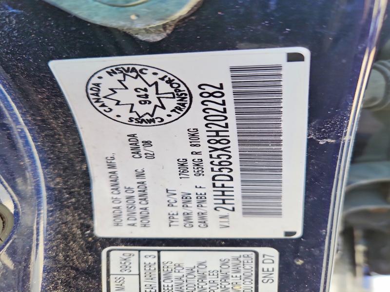 2008 Acura Csx მანქანა იყიდება აუქციონზე, vin: 2HHFD565X8H202282, აუქციონის ნომერი: 73789855