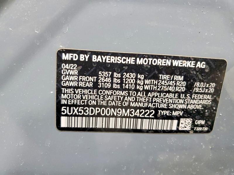 Aukcja sprzedaży 2022 Bmw X3, vin: 5UX53DP00N9M34222, numer aukcji: 74003505