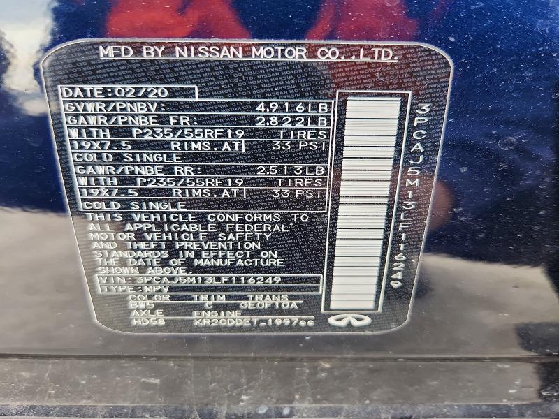 75750725 :رقم المزاد ، 3PCAJ5M13LF116249 vin ، 2020 Infiniti Qx50 مزاد بيع