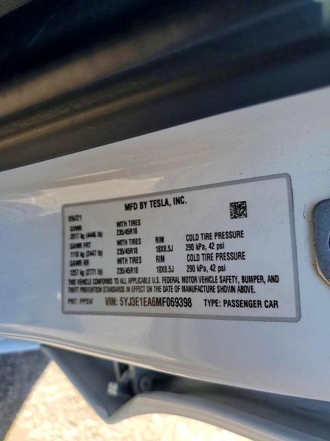 2021 Tesla Model 3 მანქანა იყიდება აუქციონზე, vin: 5YJ3E1EA6MF069398, აუქციონის ნომერი: 77795025