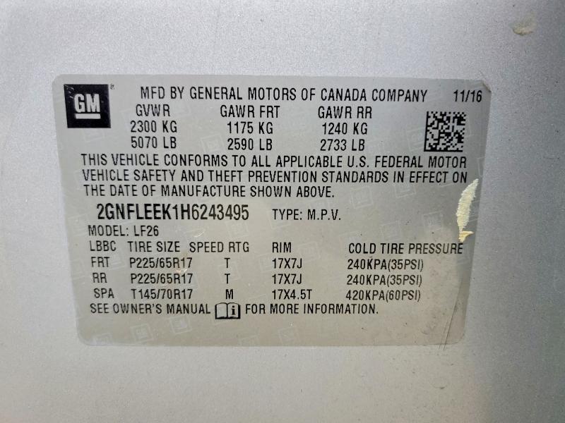 78880665 :رقم المزاد ، 2GNFLEEK1H6243495 vin ، 2017 Chevrolet Equinox مزاد بيع