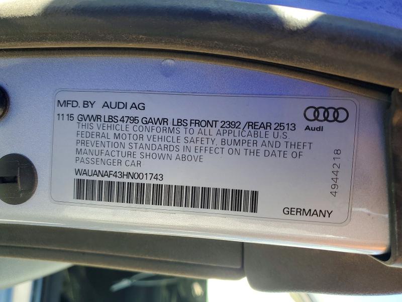 2017 Audi A4 მანქანა იყიდება აუქციონზე, vin: WAUANAF43HN001743, აუქციონის ნომერი: 79115455