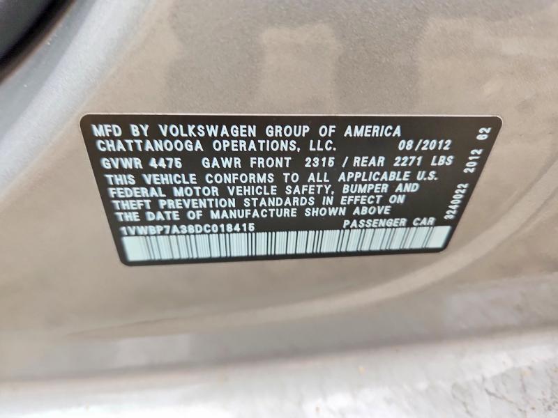 2013 Volkswagen Passat მანქანა იყიდება აუქციონზე, vin: 1VWBP7A38DC018415, აუქციონის ნომერი: 76747195