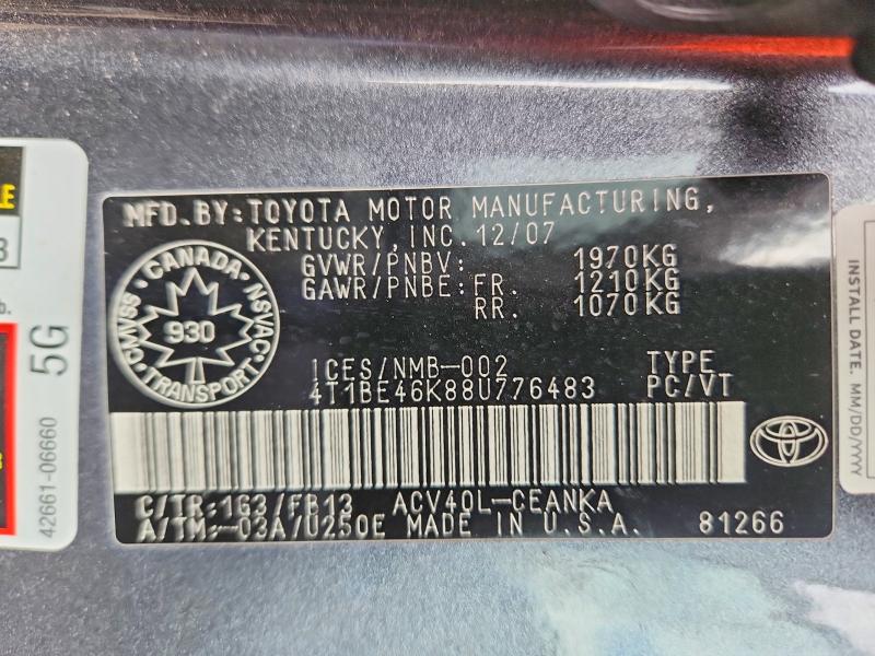 79041605 :رقم المزاد ، 4T1BE46K88U776483 vin ، 2008 Toyota Camry مزاد بيع