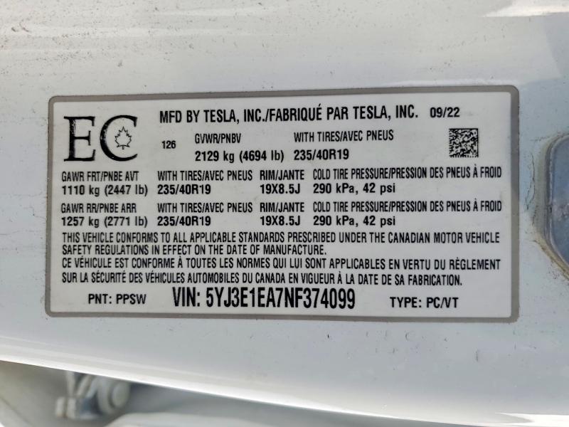 74971105 :رقم المزاد ، 5YJ3E1EA7NF374099 vin ، 2022 Tesla Model 3 مزاد بيع