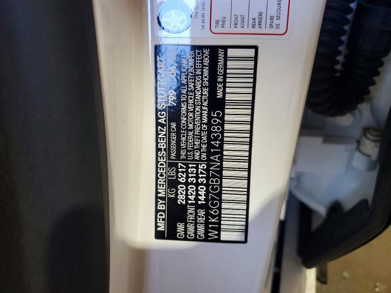 75083505 :رقم المزاد ، W1K6G7GB7NA143895 vin ، 2022 Mercedes-benz S مزاد بيع