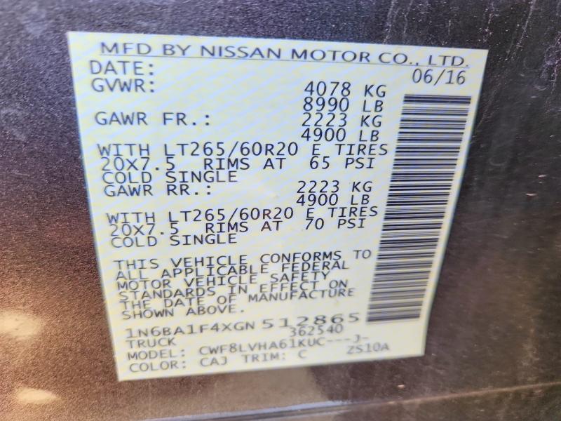 79068165 :رقم المزاد ، 1N6BA1F4XGN512865 vin ، 2016 Nissan Titan Xd مزاد بيع