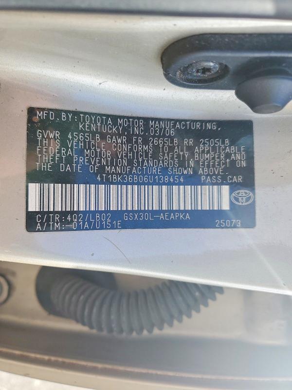 2006 Toyota Avalon მანქანა იყიდება აუქციონზე, vin: 4T1BK36B06U138454, აუქციონის ნომერი: 78076775