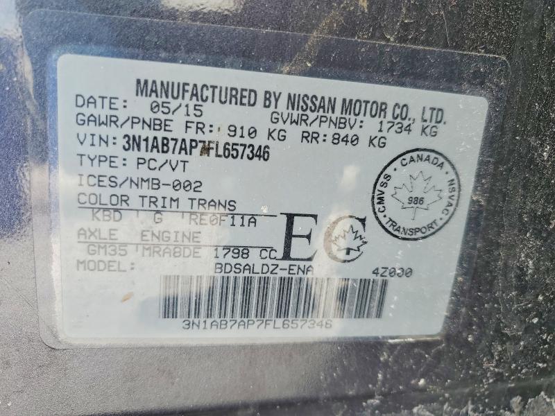 Продажа на аукционе авто 2015 Nissan Sentra S, vin: 3N1AB7AP7FL657346, номер лота: 75084245