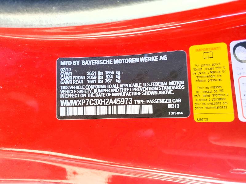 77328345 :رقم المزاد ، WMWXP7C3XH2A45973 vin ، 2017 Mini Cooper مزاد بيع