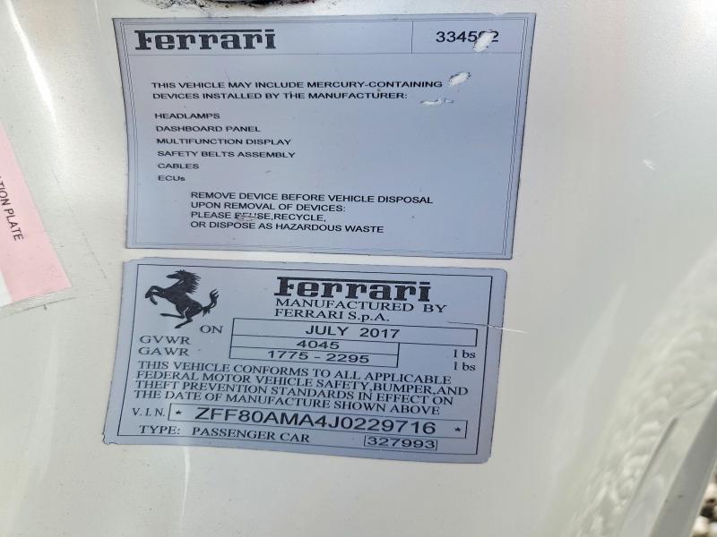 2018 Ferrari 488 Spider მანქანა იყიდება აუქციონზე, vin: ZFF80AMA4J0229716, აუქციონის ნომერი: 77175065