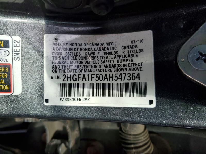 77697575 :رقم المزاد ، 2HGFA1F50AH547364 vin ، 2010 Honda Civic مزاد بيع