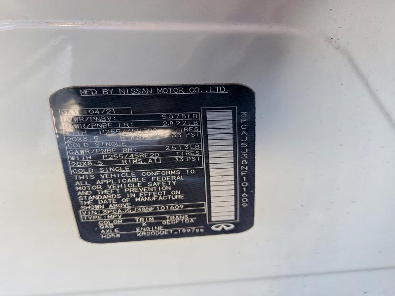 76576175 :رقم المزاد ، 3PCAJ5J38NF101609 vin ، 2022 Infiniti Qx55 مزاد بيع