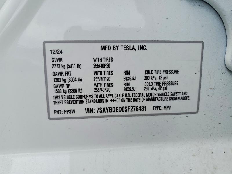 77735985 :رقم المزاد ، 7SAYGDED0SF276431 vin ، 2025 Tesla Model Y مزاد بيع