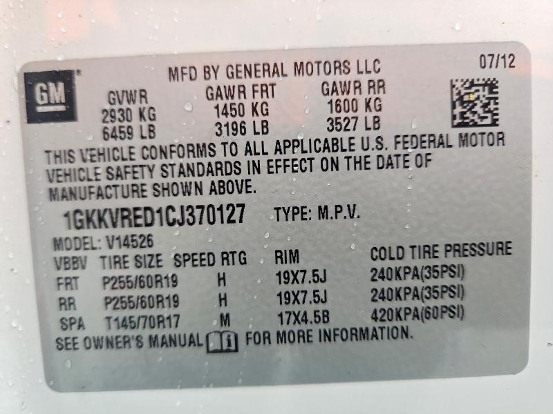 Aukcja sprzedaży 2012 Gmc Acadia, vin: 1GKKVRED1CJ370127, numer aukcji: 77387295