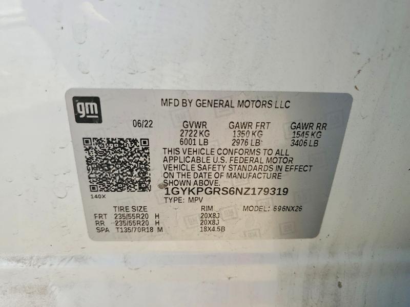 75554625 :رقم المزاد ، 1GYKPGRS6NZ179319 vin ، 2022 Cadillac Xt6 مزاد بيع
