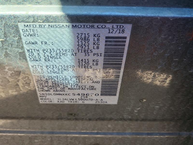 Aukcja sprzedaży 2019 Infiniti Qx60, vin: 5N1DL0MNXKC549670, numer aukcji: 78530735