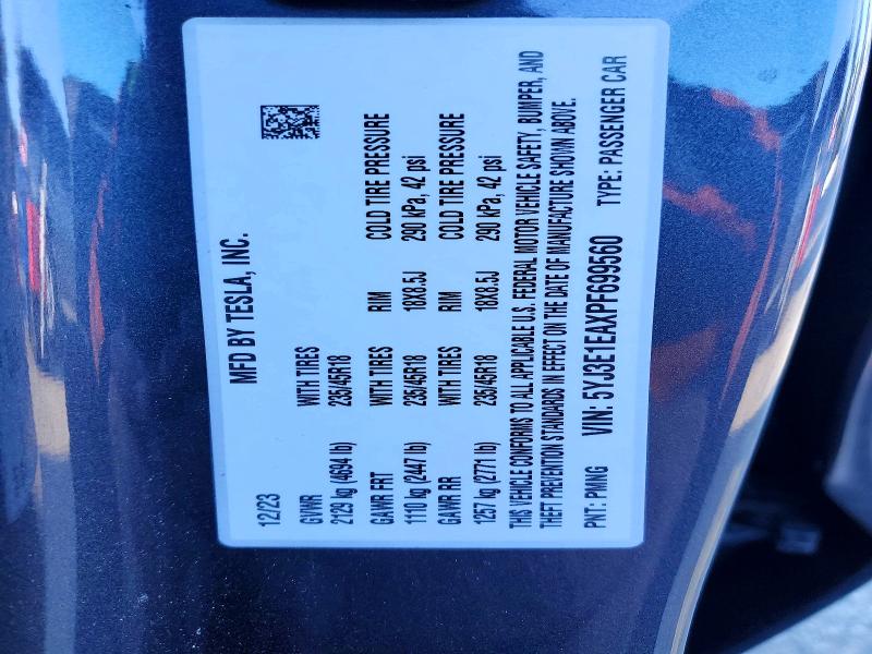 2023 Tesla Model 3 მანქანა იყიდება აუქციონზე, vin: 5YJ3E1EAXPF699560, აუქციონის ნომერი: 76490655