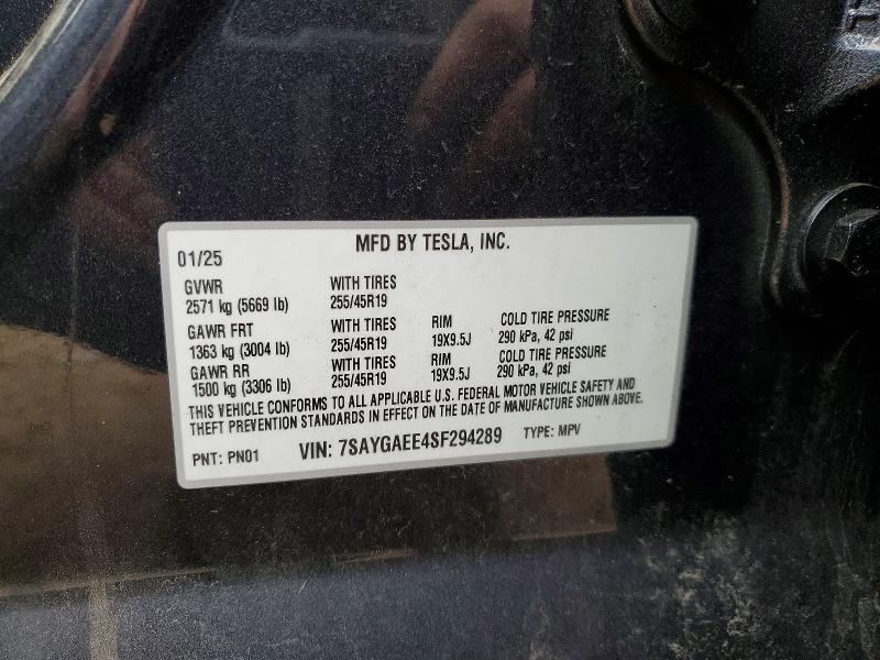 76864195 :رقم المزاد ، 7SAYGAEE4SF294289 vin ، 2025 Tesla Model Y مزاد بيع