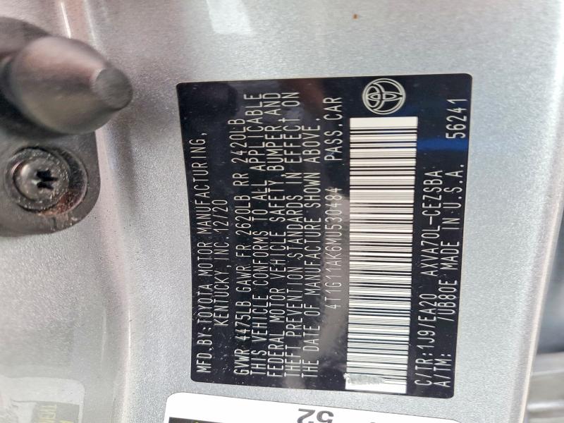 Продаж на аукціоні авто 2021 Toyota Camry, vin: 4T1G11AK6MU530484, номер лоту: 77686825