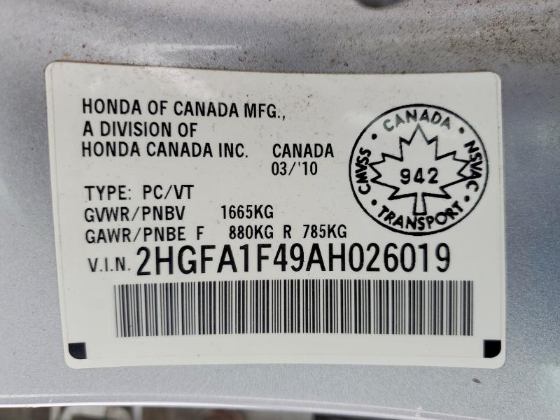Продаж на аукціоні авто 2010 Honda Civic, vin: 2HGFA1F49AH026019, номер лоту: 78882435