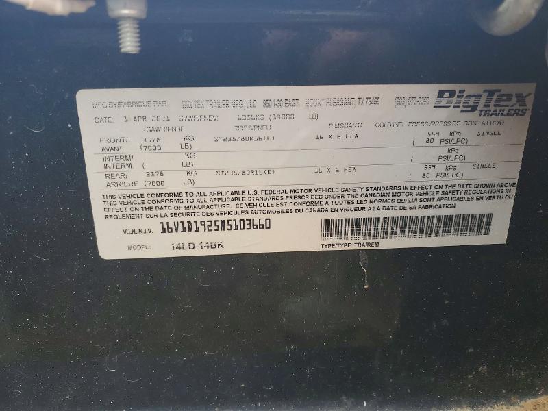 79474605 :رقم المزاد ، 16V1D1925N5103660 vin ، 2021 Bigtex Trailer مزاد بيع