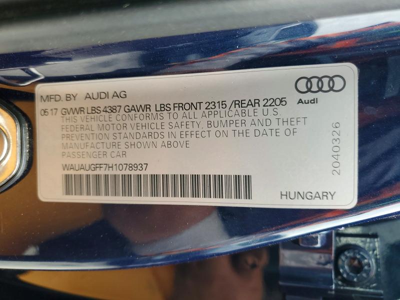 Aukcja sprzedaży 2017 Audi A3, vin: WAUAUGFF7H1078937, numer aukcji: 78356905