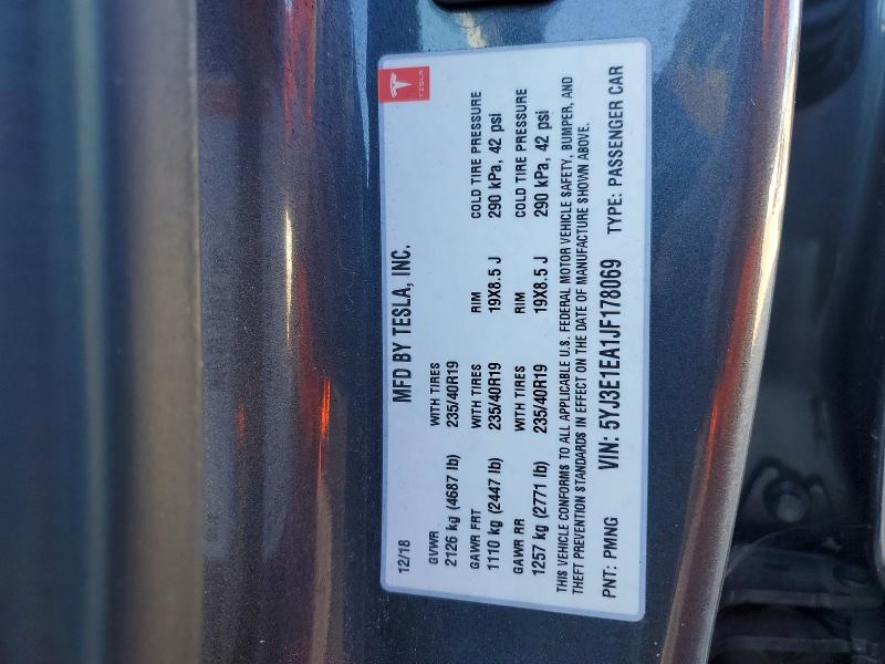 2018 Tesla Model 3 მანქანა იყიდება აუქციონზე, vin: 5YJ3E1EA1JF178069, აუქციონის ნომერი: 76113505