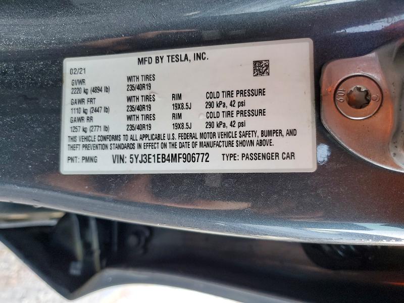 77184435 :رقم المزاد ، 5YJ3E1EB4MF906772 vin ، 2021 Tesla Model 3 مزاد بيع