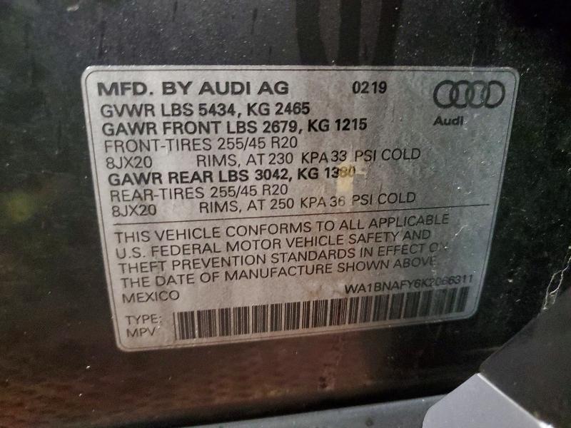 2019 Audi Q5 მანქანა იყიდება აუქციონზე, vin: WA1BNAFY6K2066311, აუქციონის ნომერი: 76441545