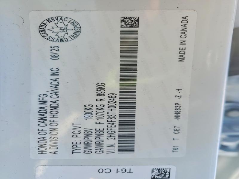 75669105 :رقم المزاد ، 2HGFE4F83TH002469 vin ، 2026 Honda Civic مزاد بيع