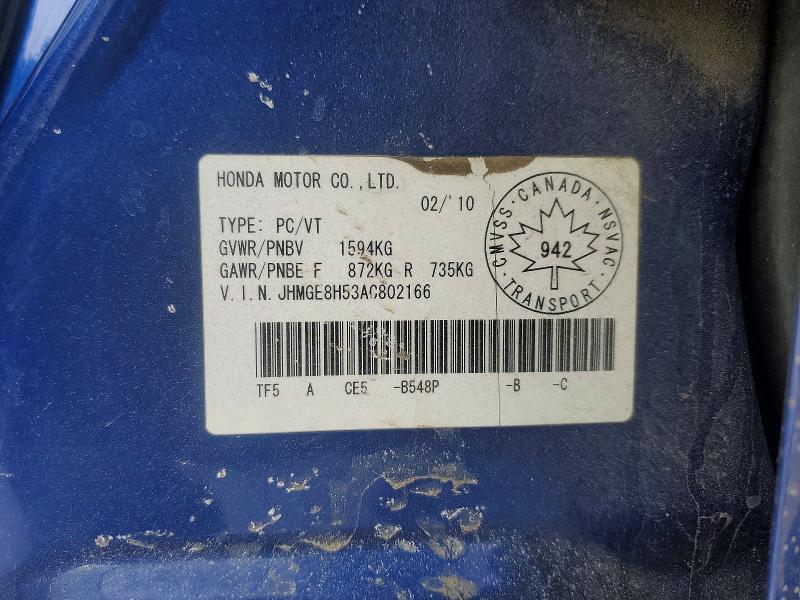 78546005 :رقم المزاد ، JHMGE8H53AC802166 vin ، 2010 Honda Fit مزاد بيع