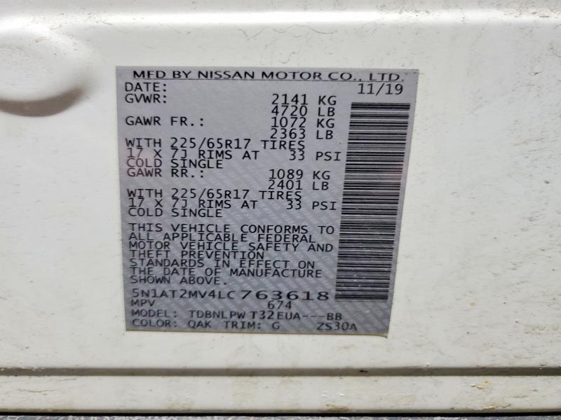 2020 Nissan Rogue მანქანა იყიდება აუქციონზე, vin: 5N1AT2MV4LC763618, აუქციონის ნომერი: 77124025