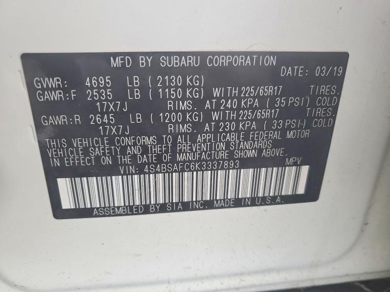 77609415 :رقم المزاد ، 4S4BSAFC6K3337893 vin ، 2019 Subaru Outback مزاد بيع