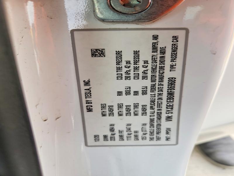 2021 Tesla Model 3 მანქანა იყიდება აუქციონზე, vin: 5YJ3E1EB6MF869689, აუქციონის ნომერი: 77913325