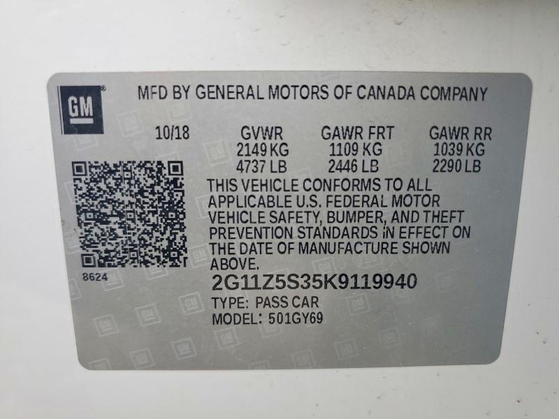 76669335 :رقم المزاد ، 2G11Z5S35K9119940 vin ، 2019 Chevrolet Impala مزاد بيع