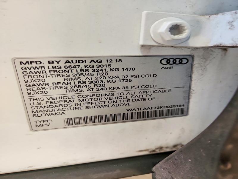 77121625 :رقم المزاد ، WA1LAAF72KD025184 vin ، 2019 Audi Q7 مزاد بيع