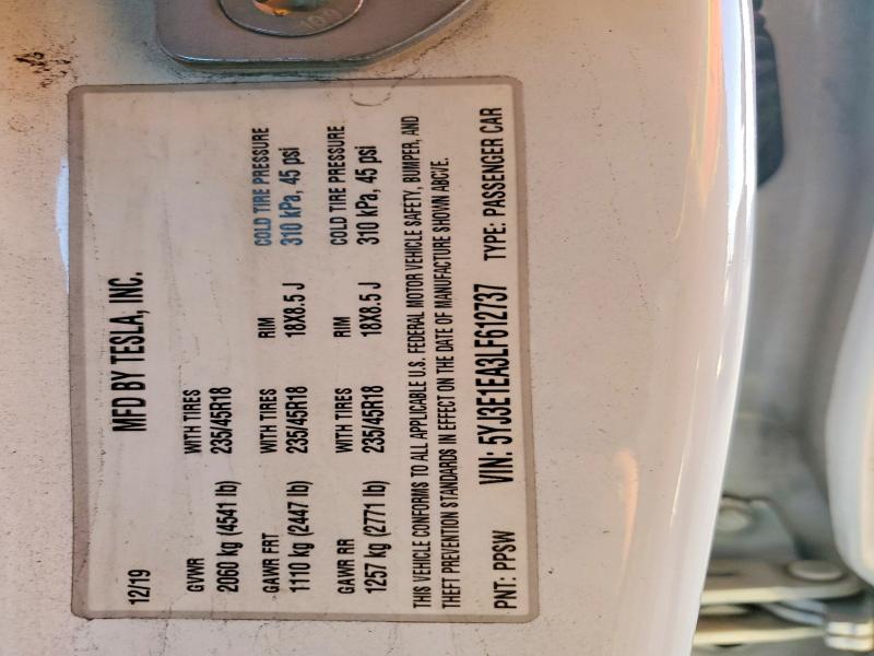 2020 Tesla Model 3 მანქანა იყიდება აუქციონზე, vin: 5YJ3E1EA3LF612737, აუქციონის ნომერი: 75653925