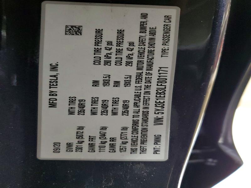 2020 Tesla Model 3 მანქანა იყიდება აუქციონზე, vin: 5YJ3E1EB3LF801171, აუქციონის ნომერი: 75516235