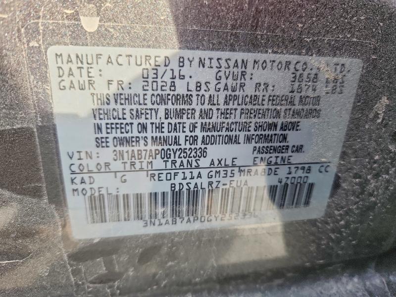2016 Nissan Sentra მანქანა იყიდება აუქციონზე, vin: 3N1AB7AP0GY252336, აუქციონის ნომერი: 77736675