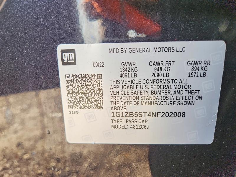Aukcja sprzedaży 2022 Chevrolet Malibu, vin: 1G1ZB5ST4NF202908, numer aukcji: 78413955