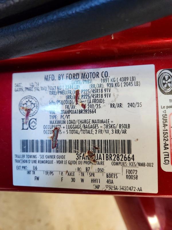 76696325 :رقم المزاد ، 3FAHP0JA1BR282664 vin ، 2011 Ford Fusion مزاد بيع