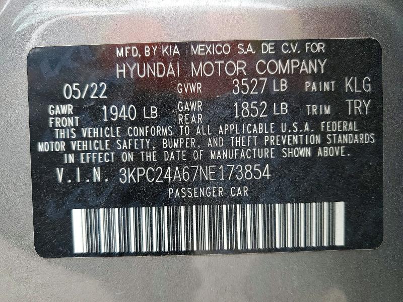 Продажа на аукционе авто 2022 Hyundai Accent, vin: 3KPC24A67NE173854, номер лота: 77934945