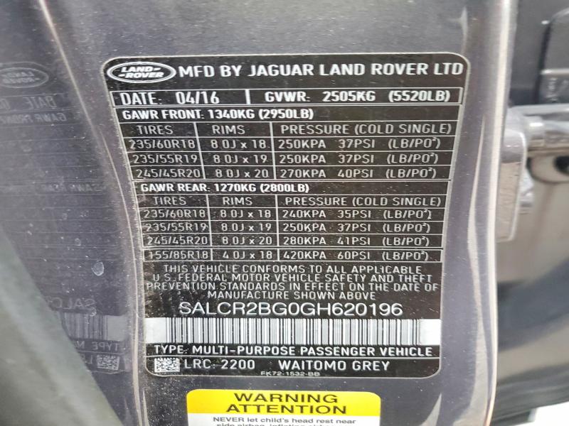 2016 Land Rover Discovery Sport მანქანა იყიდება აუქციონზე, vin: SALCR2BG0GH620196, აუქციონის ნომერი: 76852035